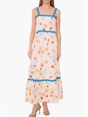CeCe Whimsical Seashore Themed Linen-blend Maxi Sundress w Blue Rick Rack Trim-S